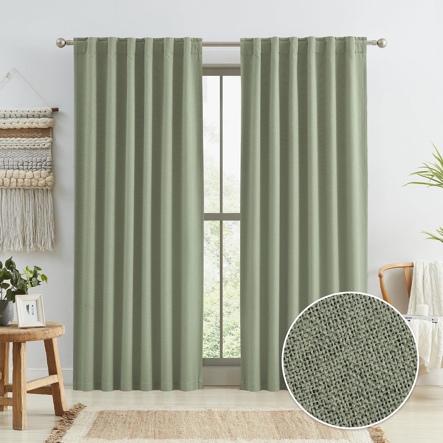 Keqiaosuocai Sage Green Blackout Linen Curtains for Bedroom, Boho Natural Bedroom Home Decor, Long Drapes for Living Room Back Tab Pocket 5…