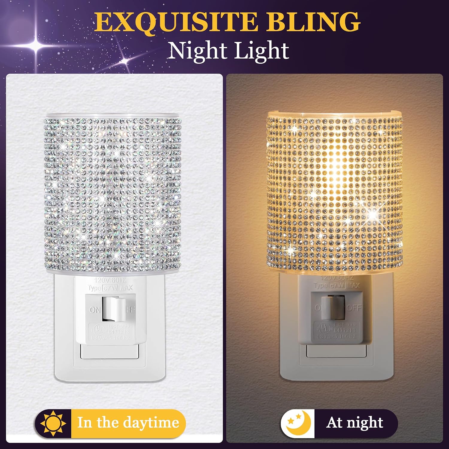 Crystal LED Night Light Plug into Wall, Decorative Plug in Night Light with Manual On/Off Switch and 360° Rotating Plugs, Warm White…