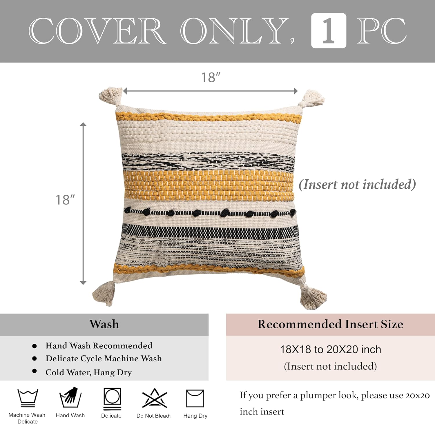 BlissBlush Yellow Mustard Decorative Throw Pillow Cover 18x18 Square Boho Accent Pillowcase Tassels Farmhouse Cushion for Couch Sofa…