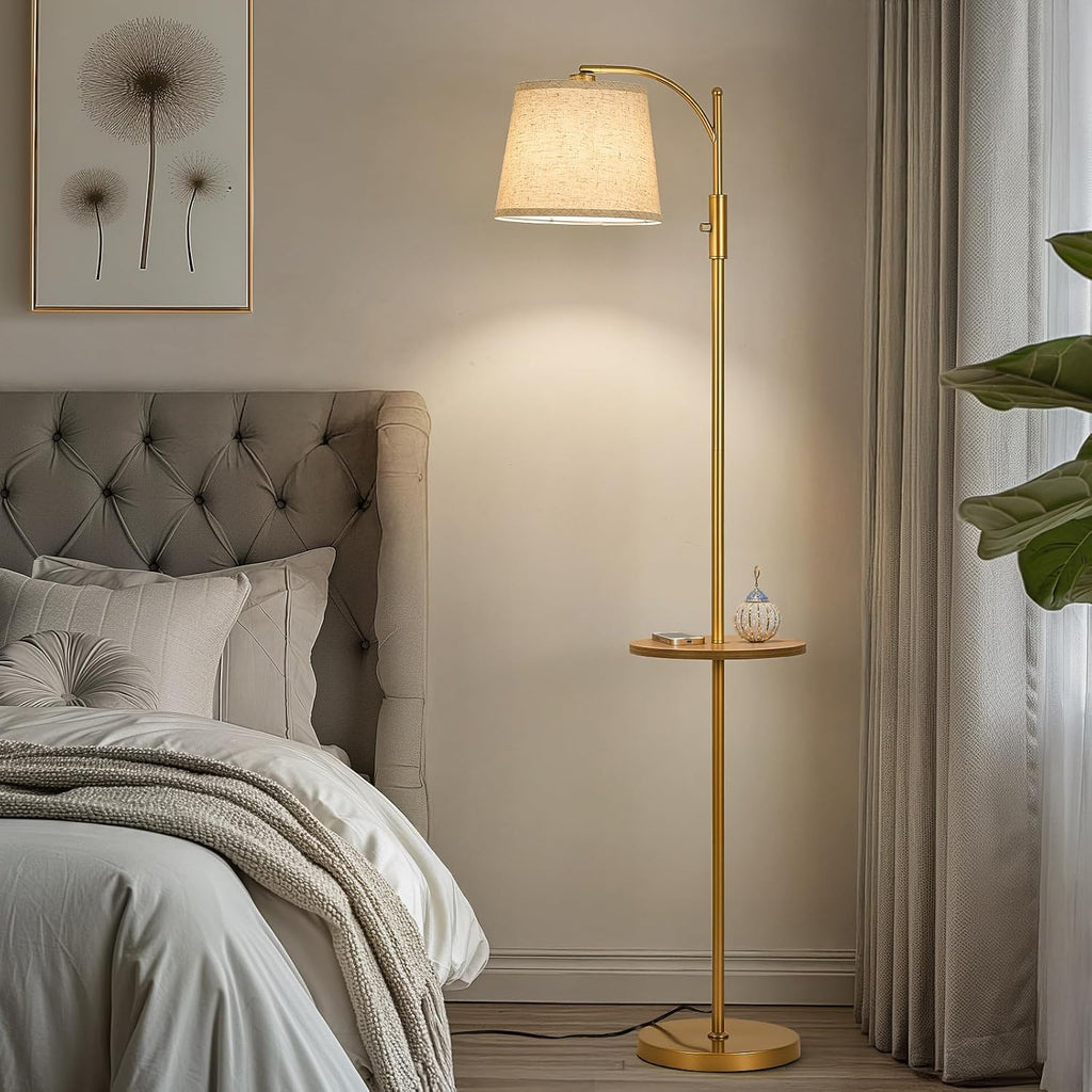 AIDENOEY Fully Dimmable Floor Lamp for Living Room, Standing Lamp Rotary Switch with Table&Linen Beige Shade, Golden Tall Lamps for Bedroom…
