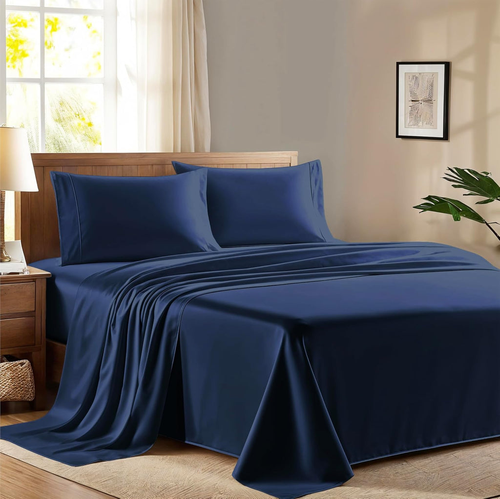 AshtonSheets 100% Egyptian Cotton Queen Size Sheet Set - 600 Series Refined Collection Sheets Set for Queen Size Bed (4 PC, Navy Blue), Sof…