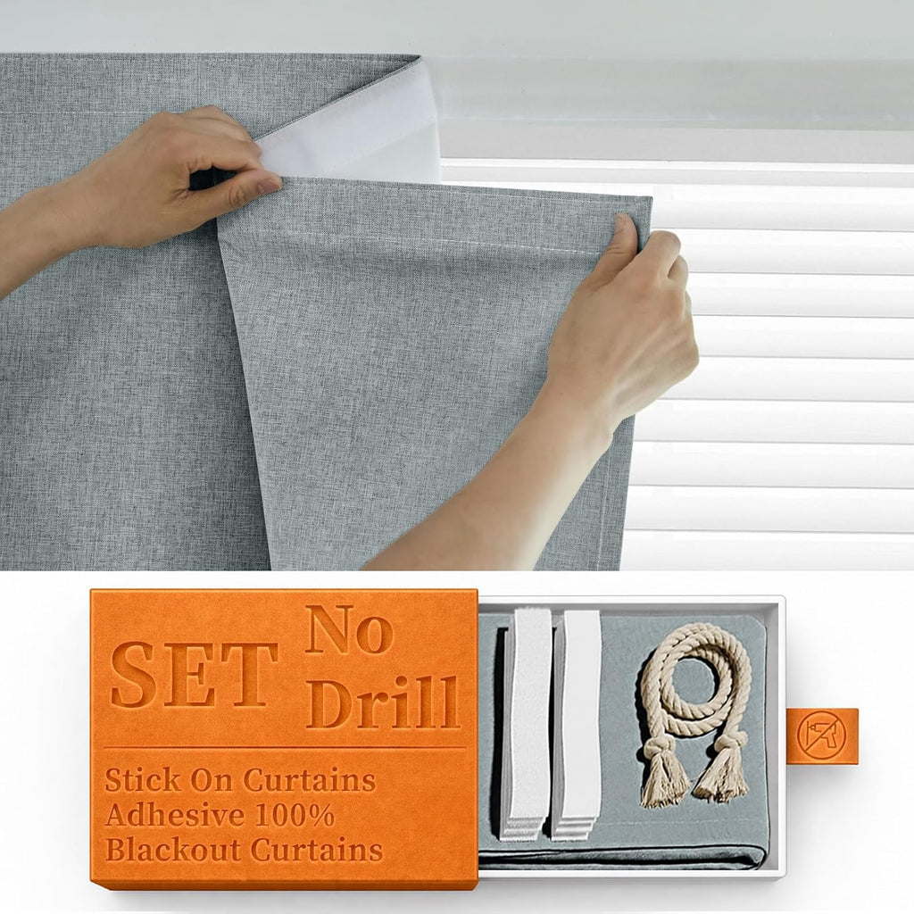 100% Blackout Adhesive Blackout Curtains- Self Stick Shades Window Blinds Curtains No Rod Needed Easy to Hang Curtain, Use for Bedroom…