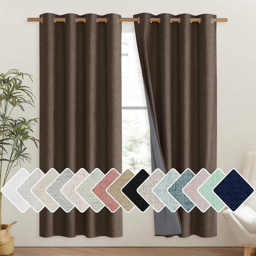 NICETOWN Coffee Vintage Linen 100% Blackout Curtains for Living Room, Thermal Insulated Curtains 72" Long, Noise Reducing Window…