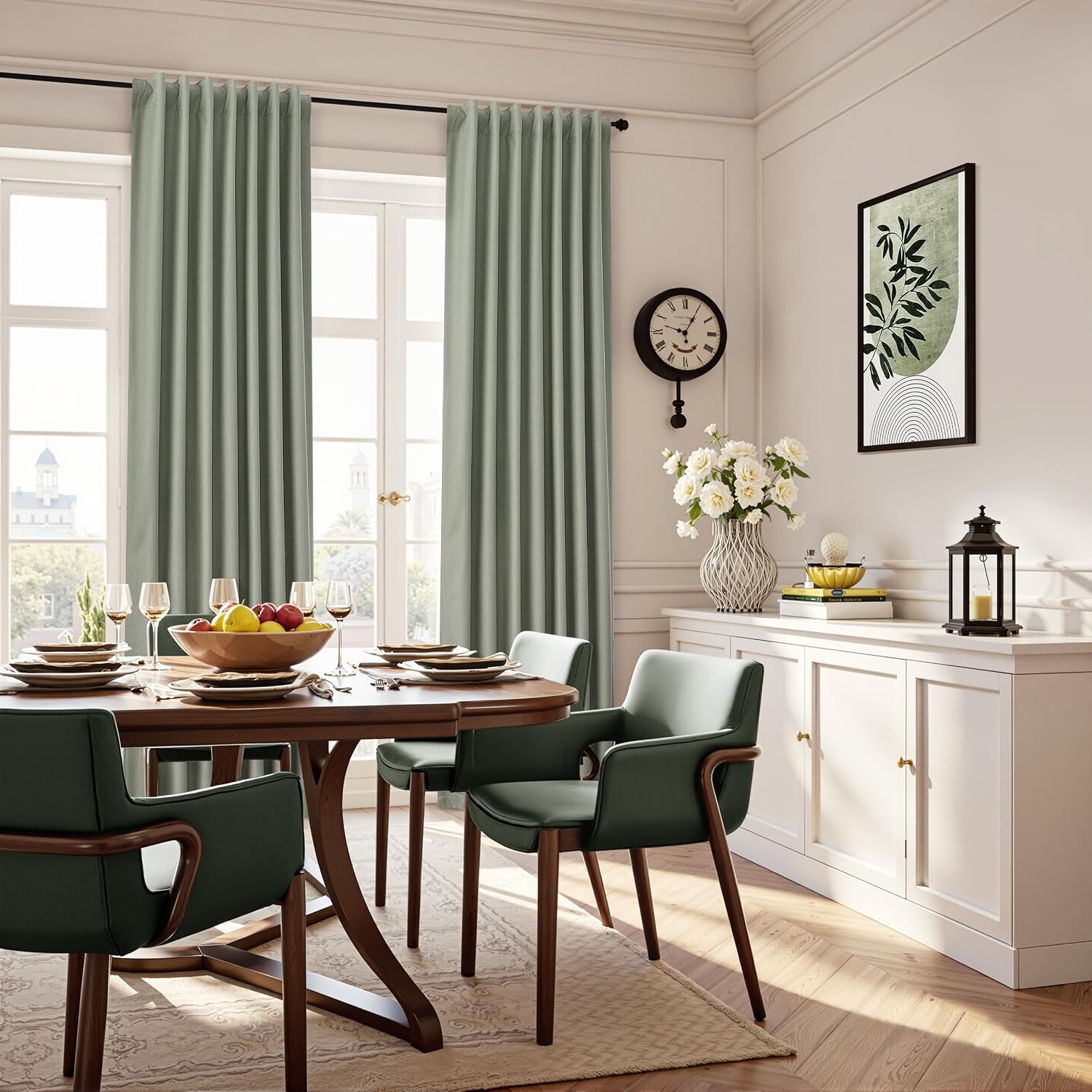 Guken Sage Green Linen 100% Blackout Curtains 90 Inches Long for Bedroom Back Tab Elegant Country Farmhouse Black Out Room Darkening Therma…