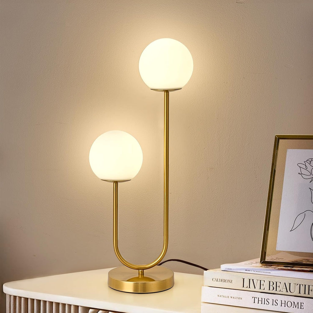 KardleenFocusOnIndoorLight Mid Century Modern Globe Table Lamp Gold U-Shape Glass Table lamp 2-Globe Bedside Lamp with LED G9 Light Source…