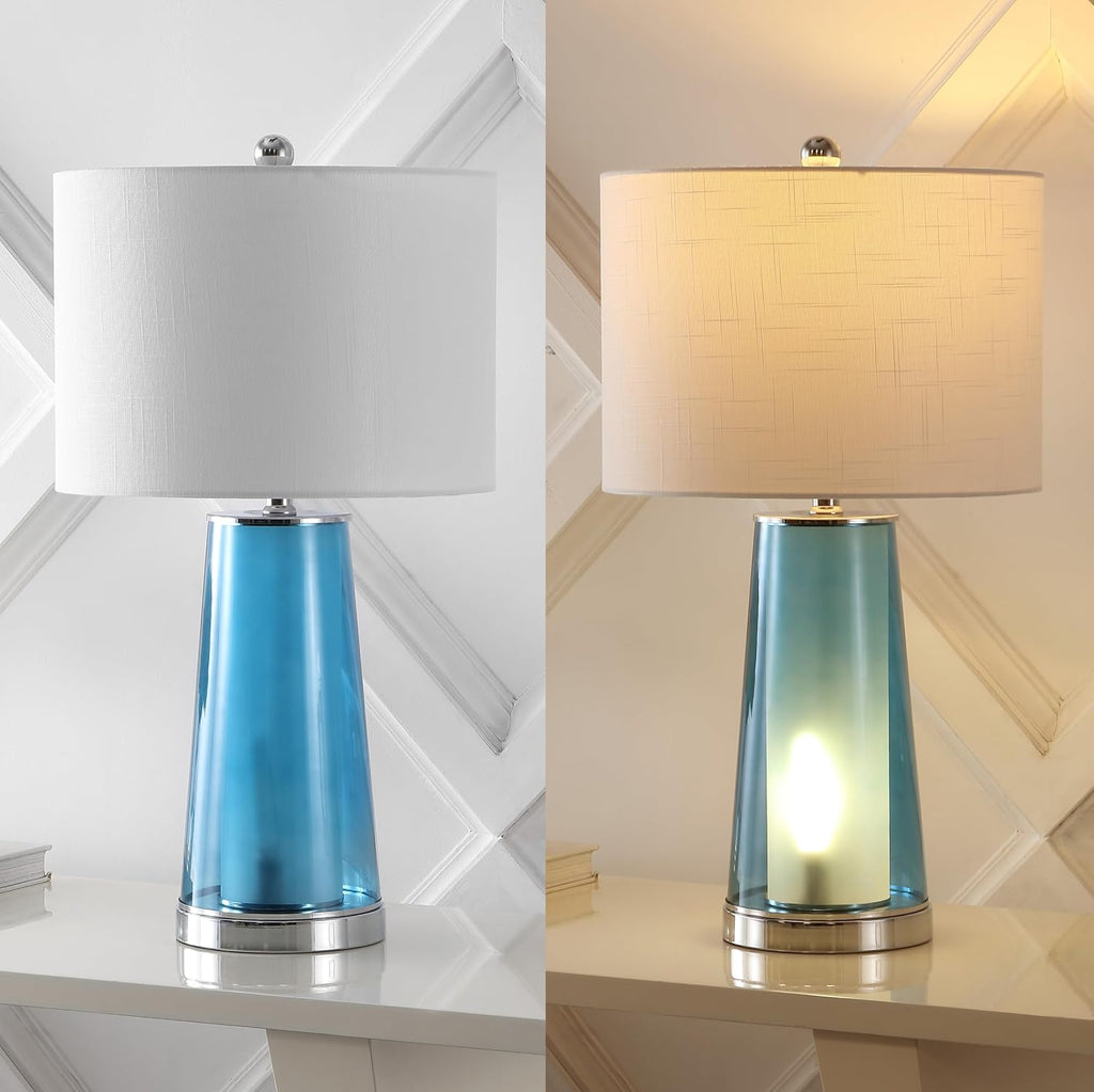 Jonathany JONATHAN Y 26" Chrome/Clear Blue Nightlight Table Lamp Set of 2 for Bedroom, Modern Glass Desk Lamps with White Fabric Shade, Far…
