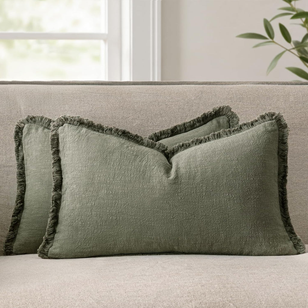 Anroduo Set of 2 Decorative Throw Pillow Covers 12×20 Inch Soft Linen Fringe Lumbar Farmhouse Boho Vintage Cushion Covers with Tassels Acce…