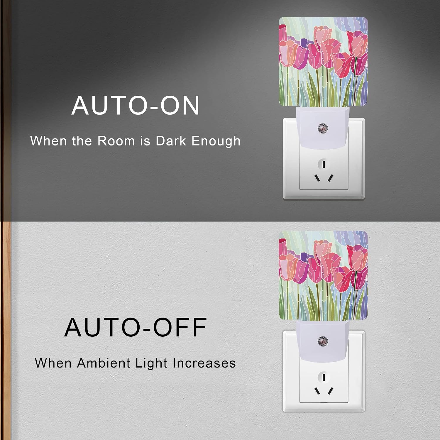 Pink Tulip Flowers Night Light Plug-in LED Nightlights Auto Sensor Night Lamp Dusk-to-Dawn Lamp Home Decor for Nursery Children Girls Boys