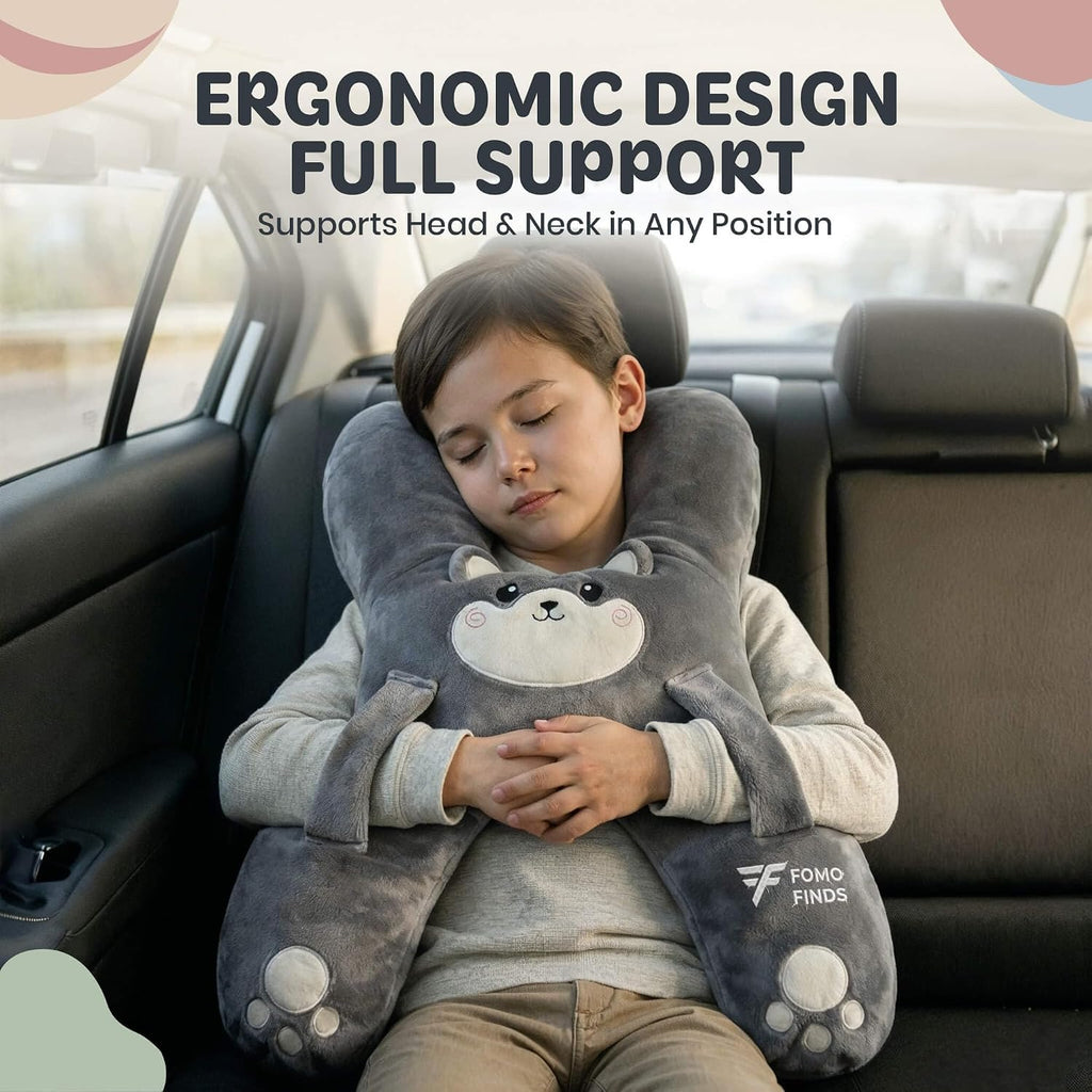 Kids Car Sleeping Pillow - X-Shaped Plush Animal for Neck & Back Support - Hands & Seat Belt Slot - Machine Washable & Compressible…