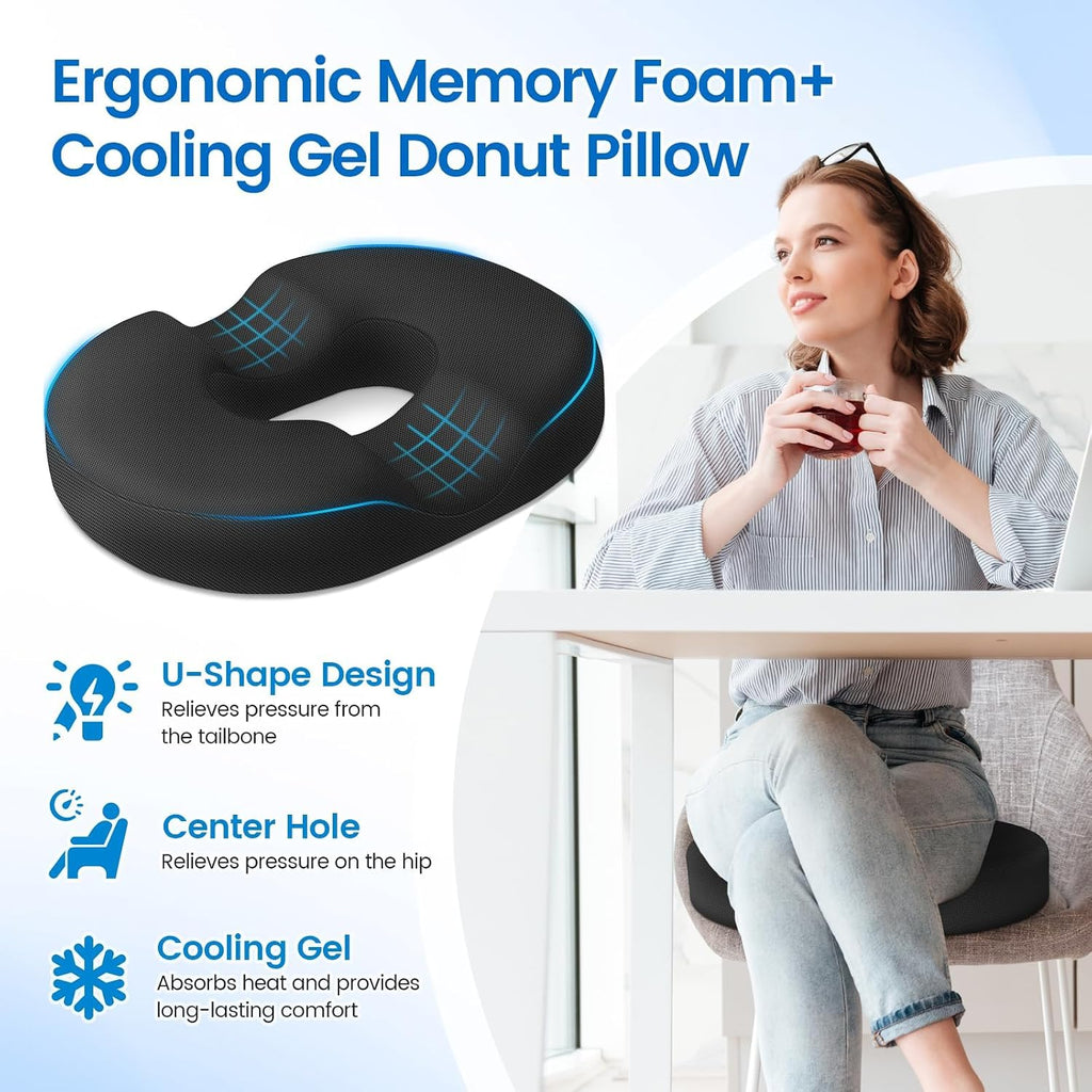 CushZone Donut Pillow Seat Cushion - Cooling Gel Donut Chair Cushions, Memory Foam Seat Cushion for Office & Home, Car Seat Cushion and But…