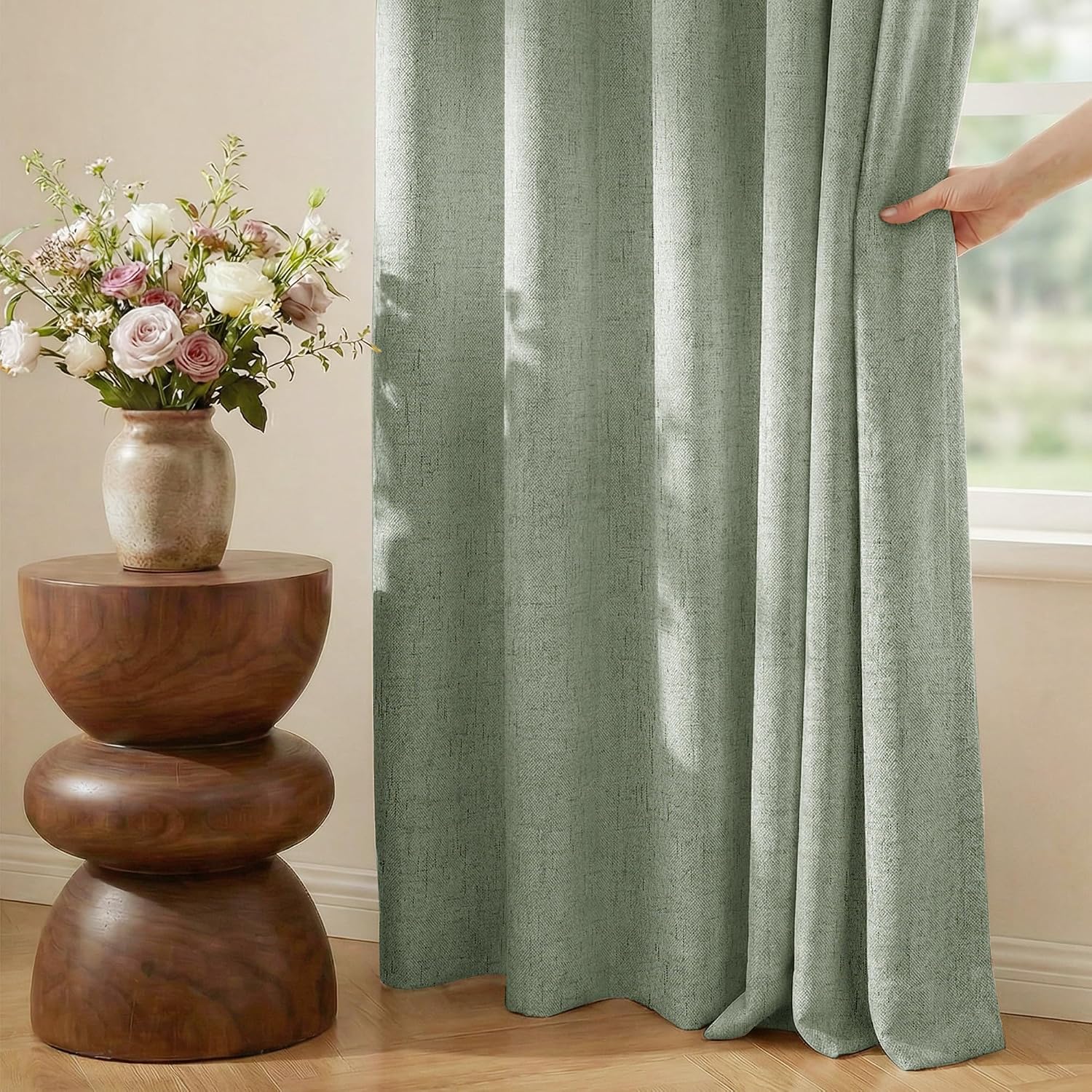 Nicetown Sage Green 100% Blackout Linen Curtains 84 inches Long 2 Panels, White Liner Composite Grommet Thermal Drapes Home Decor Window Tr…