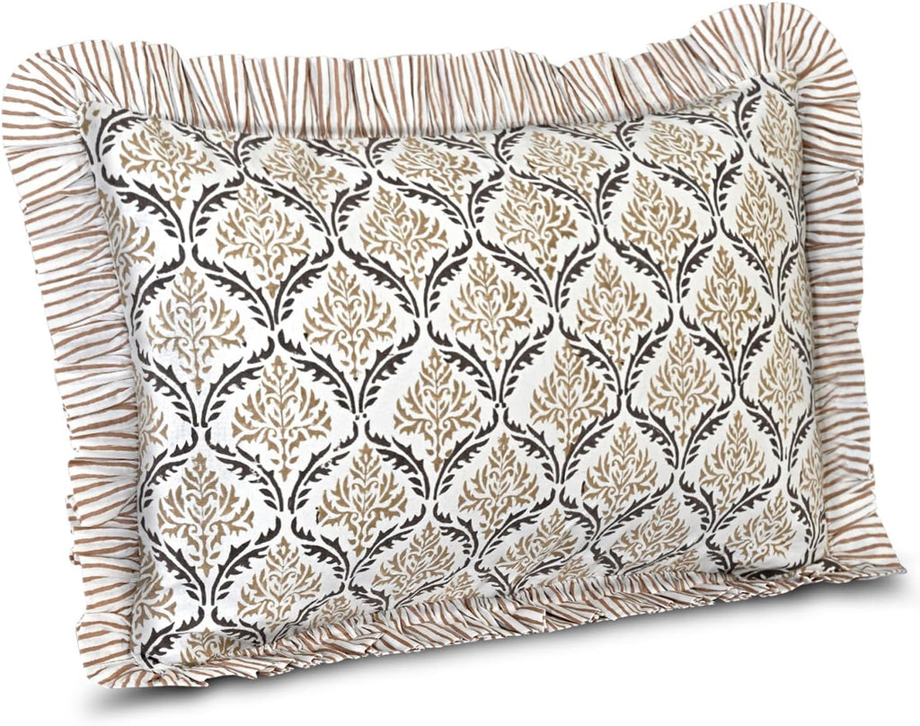 Cottonprintclub CPC Hand Block Print Sandstone Regal Ruffle Sham Pillow Cover 20" x 12" inch Hidden Zipper Decorative Pillowcase for Couch,…