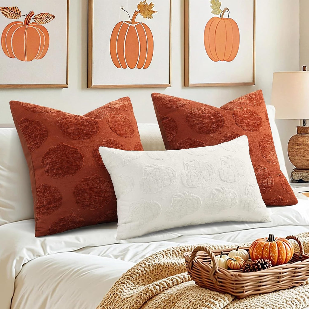 decorUhome Decorative Two Cream White Pumpkins Thanksgiving Throw Pillow Covers 18x18 Set of 2, Soft Chenille Jacquard Farmhouse Textured…