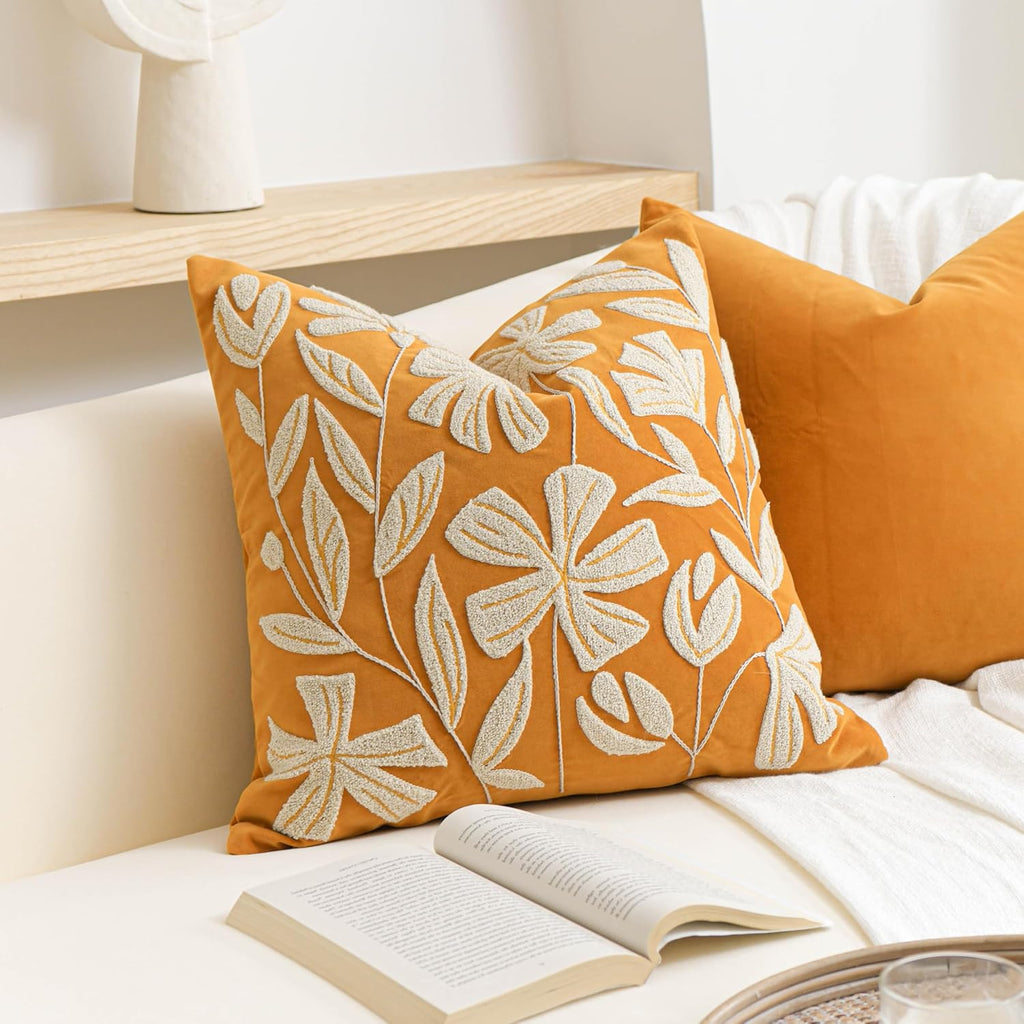 BlissBlush 20x20 Throw Pillow Cover, Mustard Yellow Square Decorative Cushion Cover for Couch Sofa, Floral Tufted Embroidered Velvet…