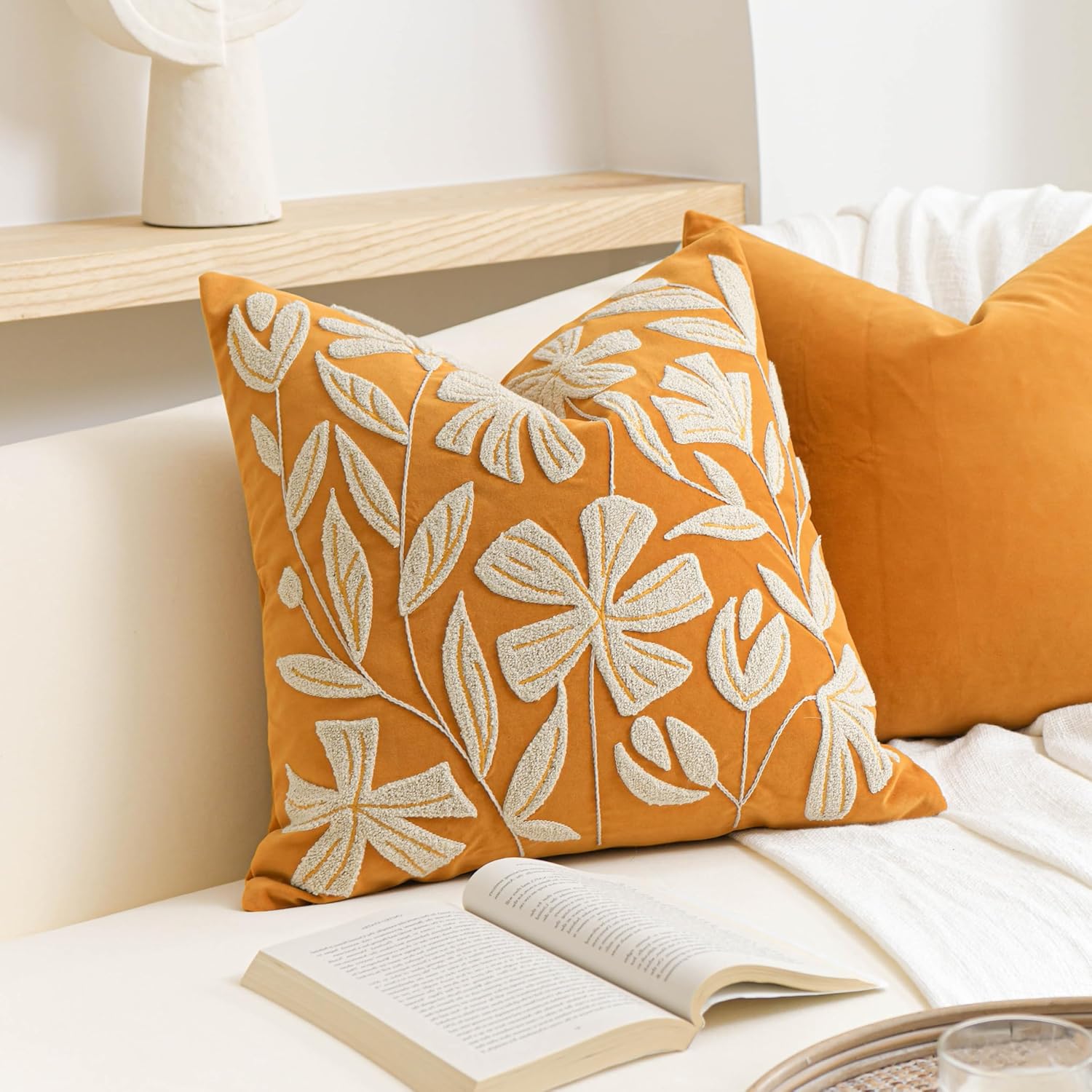 BlissBlush 20x20 Throw Pillow Cover, Mustard Yellow Square Decorative Cushion Cover for Couch Sofa, Floral Tufted Embroidered Velvet…
