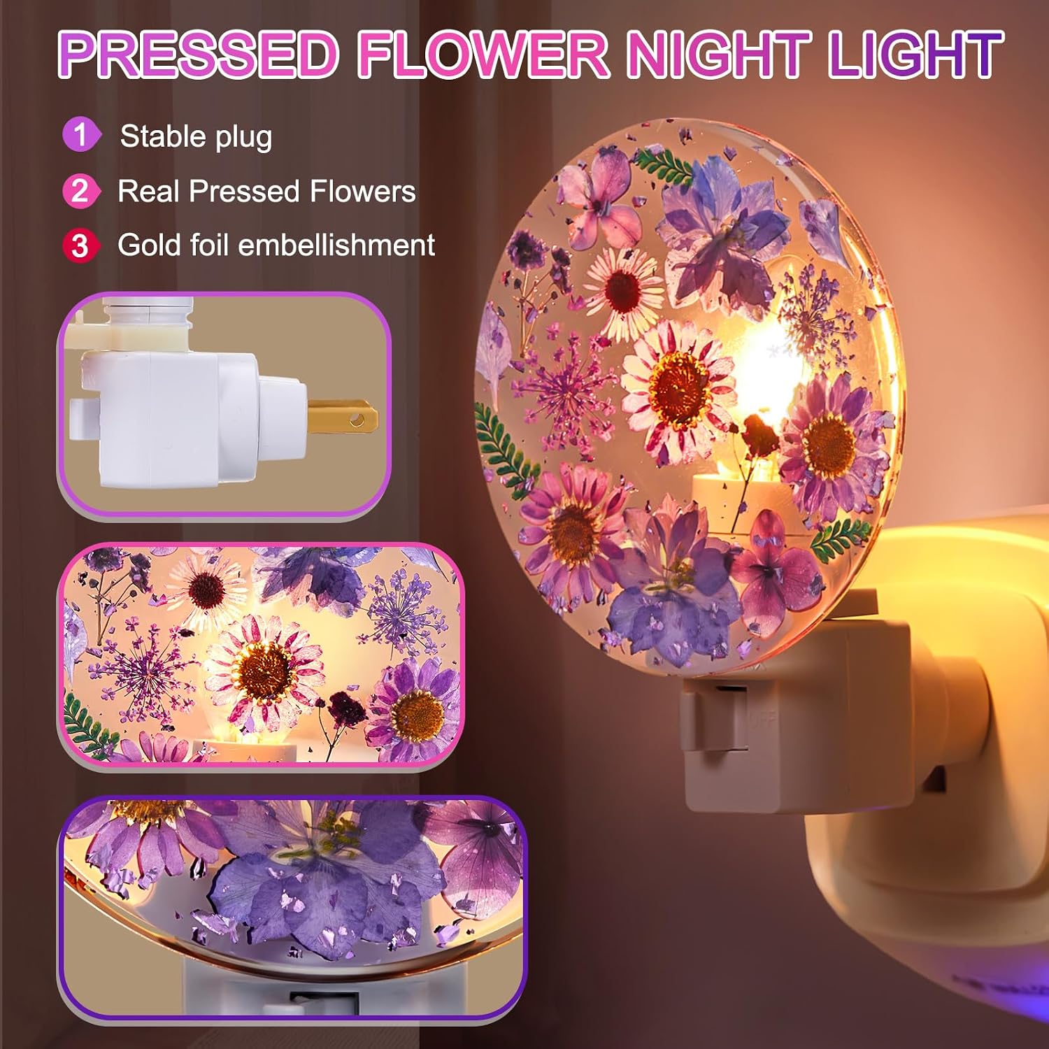 Glooglitter Pressed Flower Night Light Plug in - Handmade Dried Floral Wall Night Light, Soft Glow Decorative Nightlight for Hallway Bedroo…