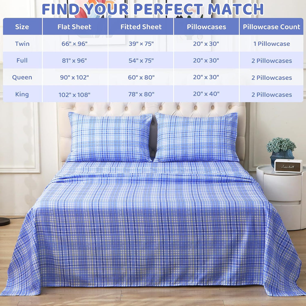 mooreeke Cozy Plaid Microfiber Printed Queen Sheet Set - Soft & Breathable Purple Yellow Plaid Bed Sheets with Extra Deep Pocket - Non-Slip…