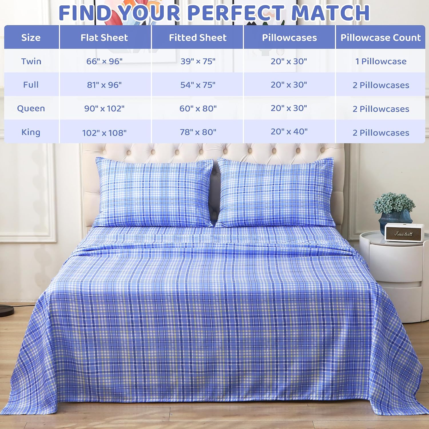 mooreeke Cozy Plaid Microfiber Printed Queen Sheet Set - Soft & Breathable Purple Yellow Plaid Bed Sheets with Extra Deep Pocket - Non-Slip…