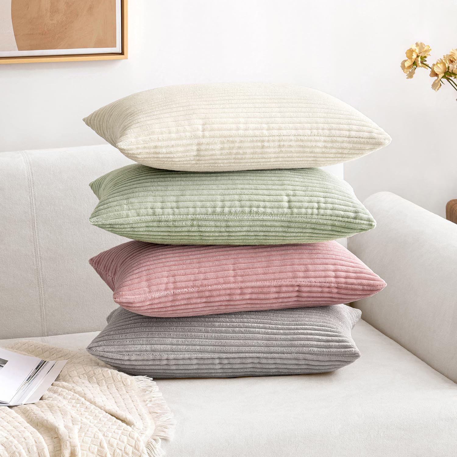 MIULEE Summer Pack of 2 Corduroy Pillow Covers Soft Soild Cushion Cases Decorative Square Throw Pillow Covers Cream White Pillowcases for…