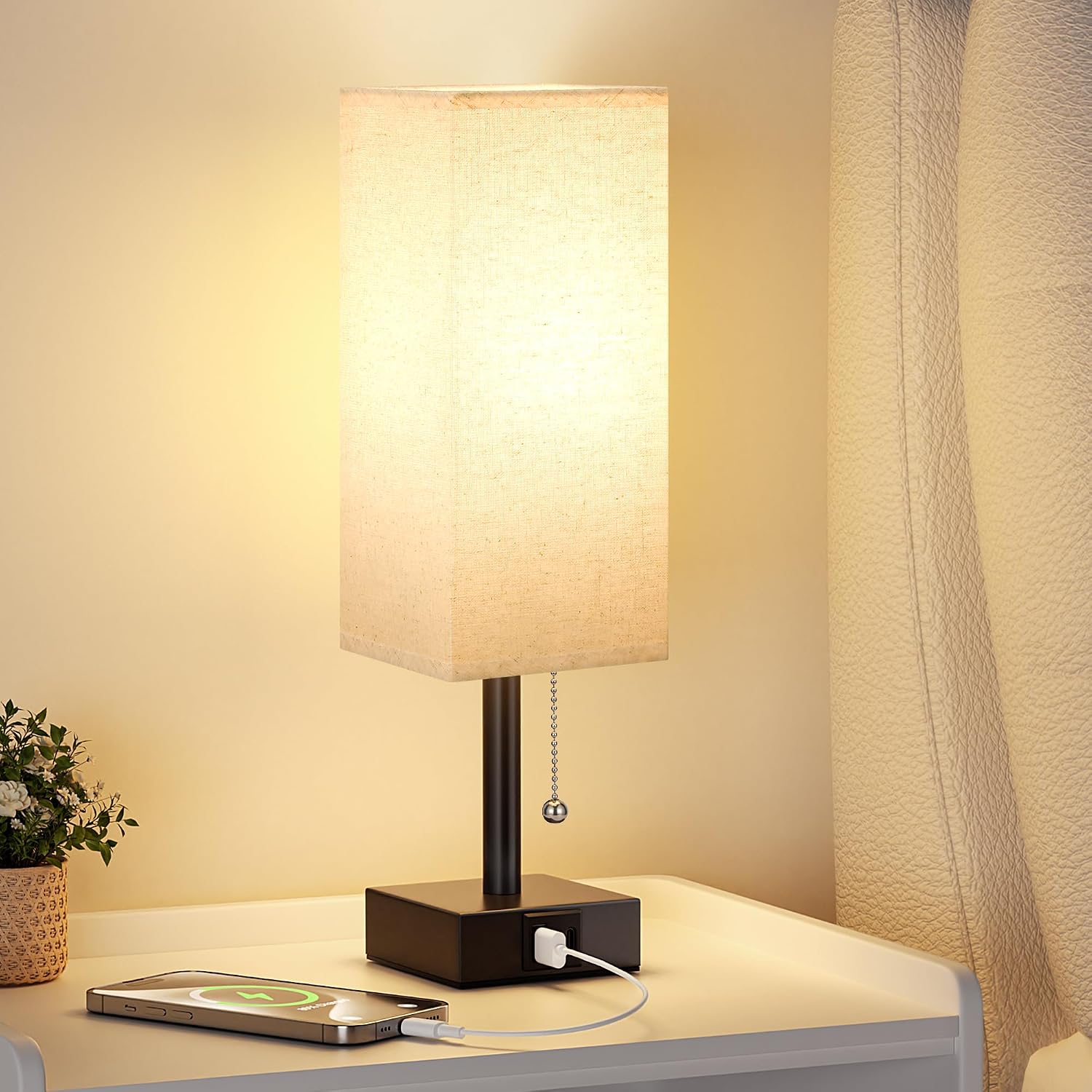 Aooshine Small Linen Bedroom Lamp - 3 Color Temperature 3000K 5000K 4000K Bedside Lamp, Pull Chain Control, USB A and C Charging Ports, Bla…