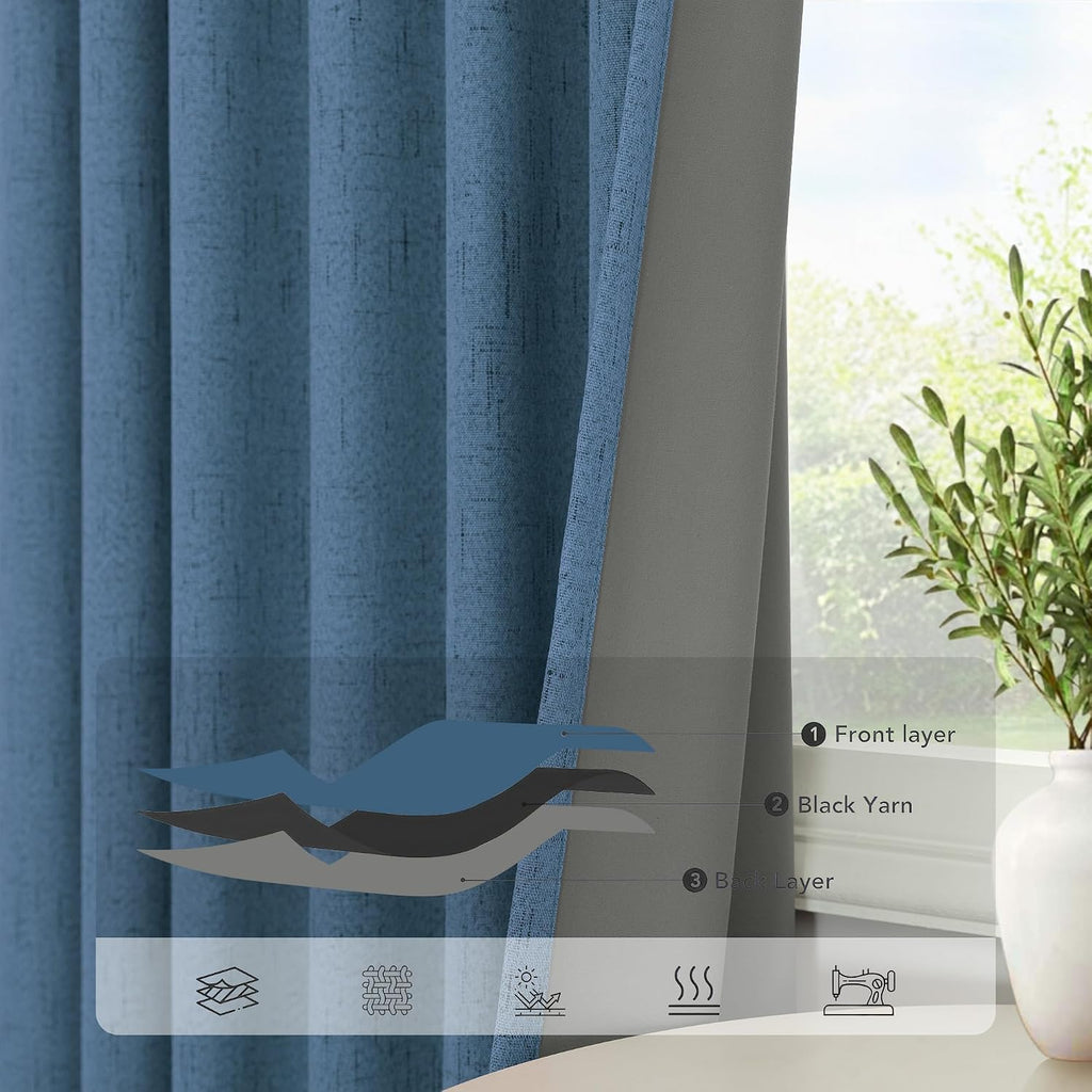 Pitalk Denim Blue Blackout Curtains & Drapes 84 Inch Length 2 Panels Set Faux Linen 100% Black Out Room Darkening Soundproof Country Blue C…