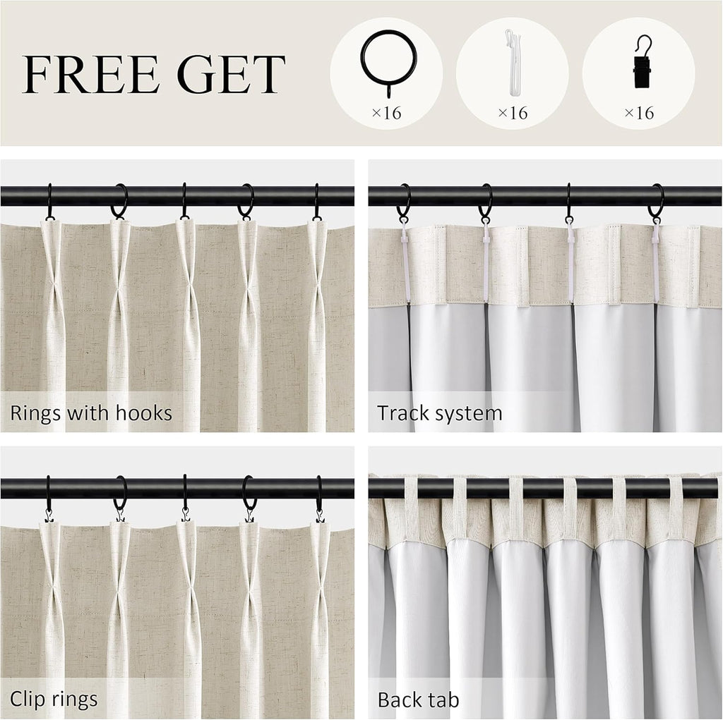 Boodii Natural Cream 100% Blackout Pinch Pleated Linen Curtains 95 Inch Office 2 Panels Set with Thermal Insulated White Liner Drapes Energ…