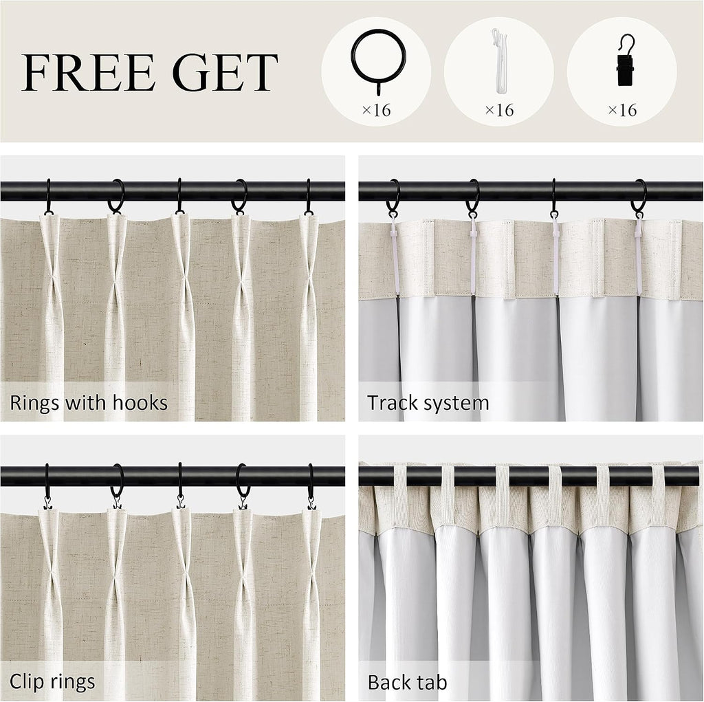 Boodii Natural Cream 100% Blackout Linen Pinch Pleated Curtains 86 Inch for Bedroom Living Room Farmhouse Light Blocking with Thermal Insul…