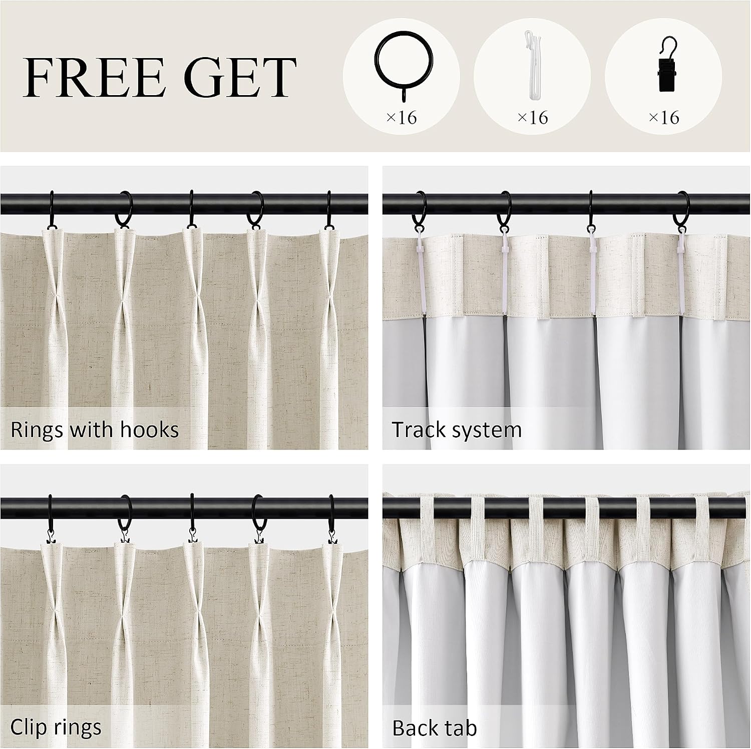 Boodii Natural Cream 100% Blackout Pinch Pleated Linen Curtains 48 Inches Long Window Drapes for Small Sliding Doors Dedroom, Textured Ther…