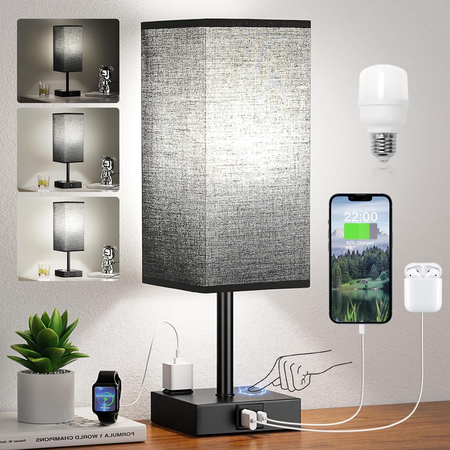 aooshine Black Lamp for Bedroom-Touch Lamp with USB-C+A and AC Outlets,3 Way Bedside Nightstand Square Table Lamp for Kids, Guest Room…