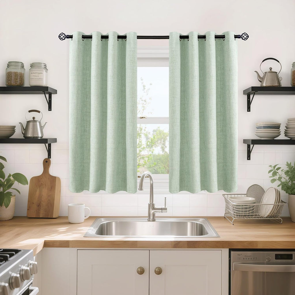 YoungsTex Sage Green Linen Blackout Curtains 45 Inch Length for Kitchen Window, Short Drapes with Grommet Thermal Insulated for Bedroom, 52…