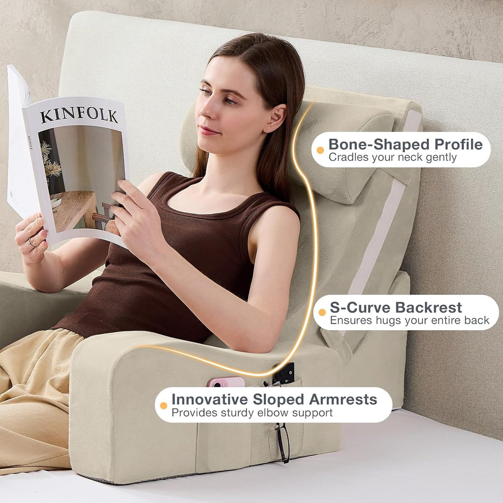 Sasttie Reading Pillow with Armrests, 15–25 Inch Adjustable Back Support Pillow for Bed Sitting Up, Memory Foam Back Rest Cushion Bed Chair…