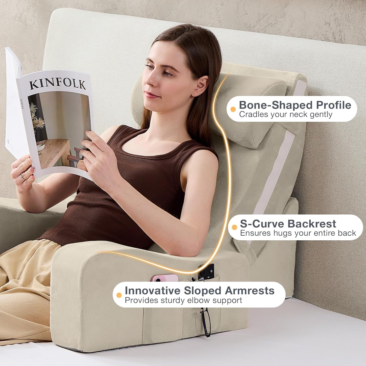 Sasttie Reading Pillow with Armrests, 15–25 Inch Adjustable Back Support Pillow for Bed Sitting Up, Memory Foam Back Rest Cushion Bed Chair…