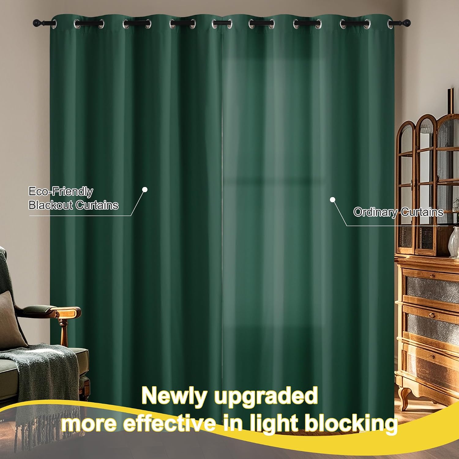 NICETOWN 100% Blackout Hunter Green Curtains 84 inches Long 2 Panels Set for Bedroom, Thermal Insulated Grommet Drapes, Room Darkening…