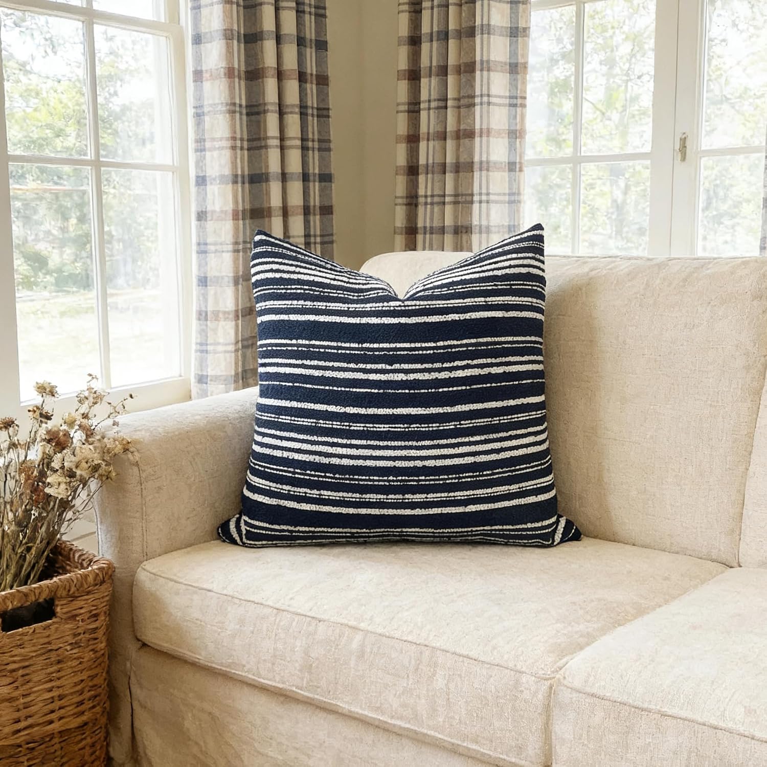 Slow Cow Boho Chenille Textured Woven Stripe Throw Pillow Covers 18 x18 Decorative Cushion Cover Pillow Cover Chenille Pillow Case Navy Blue