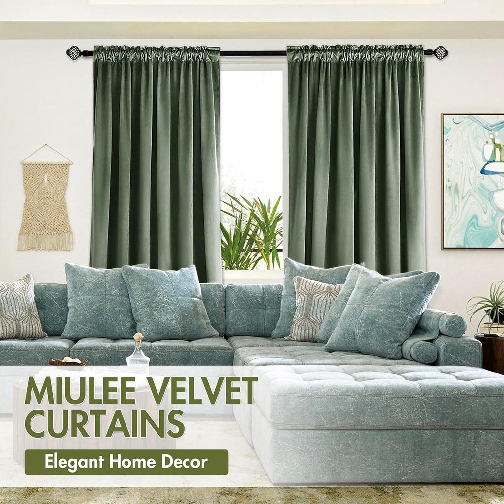 MIULEE Velvet Curtains Sage Green Thermal Insulated Blackout Curtain Drapes for Bedroom Living Room Darkening 90 Inches Long Curtains…