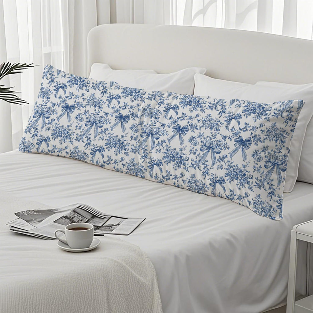 Blue and White Chinoiserie Bow Floral 20x54 Body Pillow Cover, Coquette Room Decor Decor, Vintage French Country Grandmillennial…
