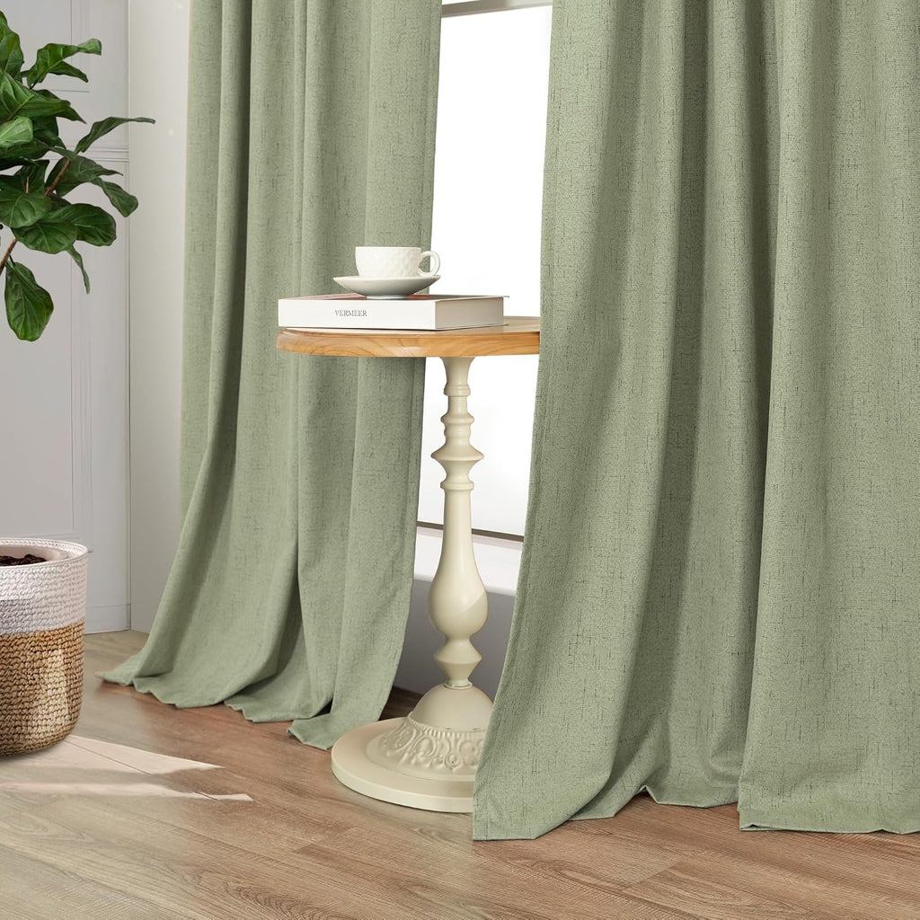 Pitalk Light Sage Green Black Out Curtains 96 Inch Long for Bedroom 2 Panel Linen Textured Boho Blackout Curtains Darkening Neutral Farmhou…