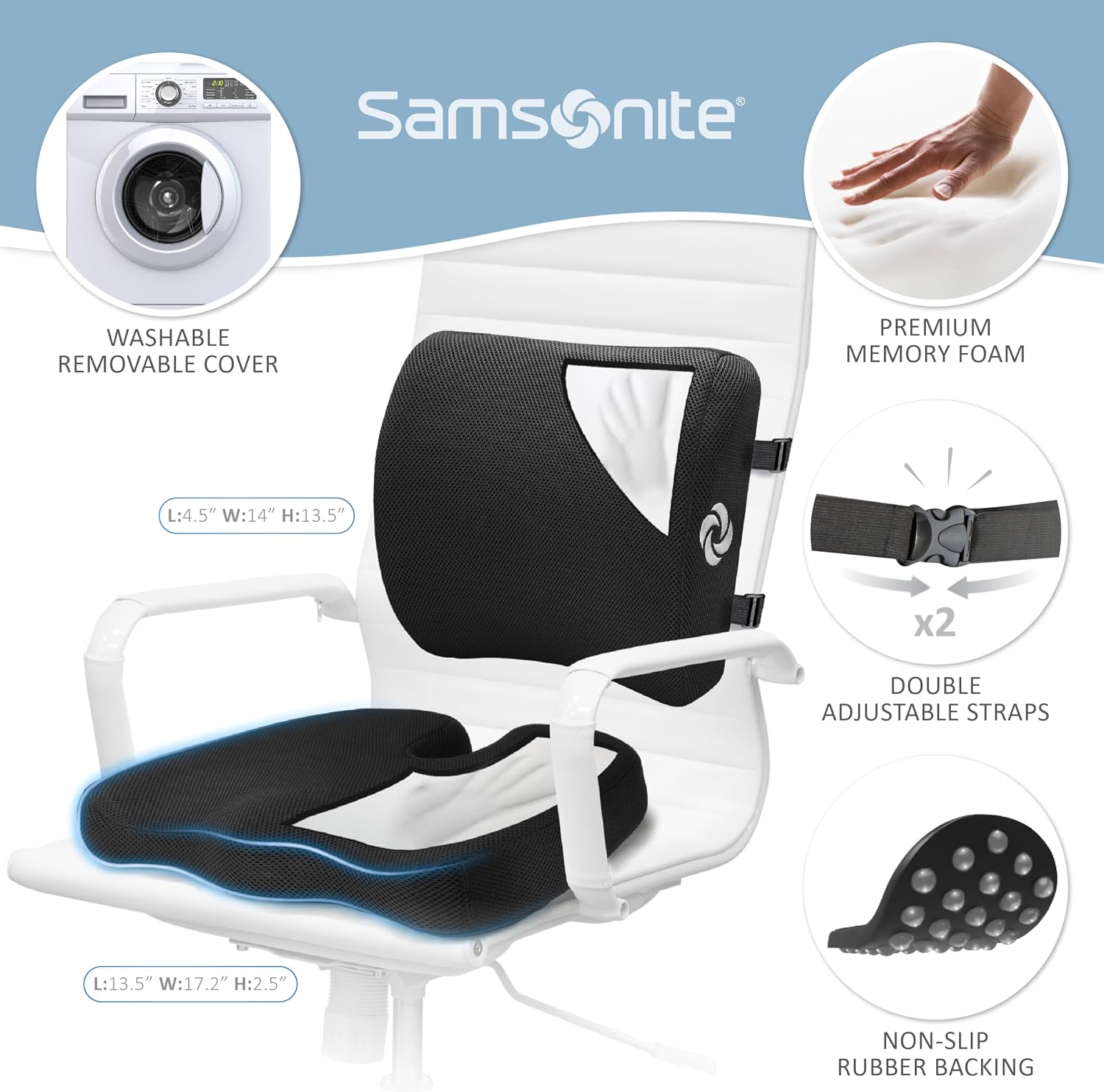 Samsonite Ergonomic Seat Cushion and Lumbar Support Cushion Combo, Memory Foam Office Chair for Back Support, Car Seat and Wheelchair…