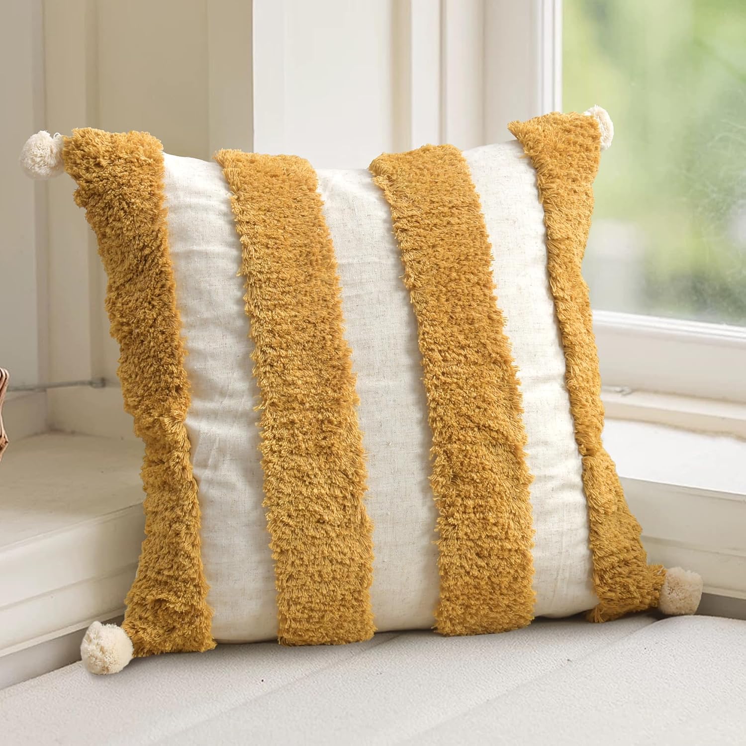 Loopuinhom Boho Pillow Covers 18X18 Inch Boho Tufted Linen Throw Pillow Covers Decorative Pompoms Cushion Cover Farmhouse Pillow Case for C…