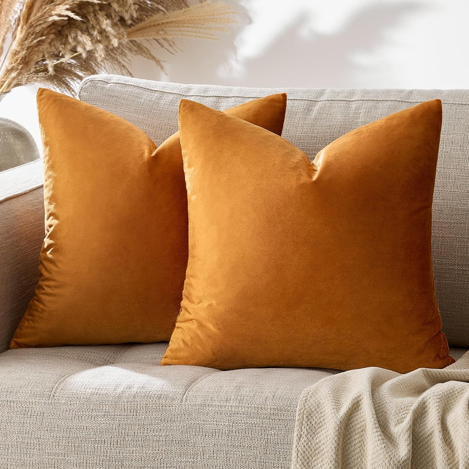 GIGIZAZAFocusingonhomedecoration GIGIZAZA Decorative Throw Pillow Covers 16x16, Set of 2 Burnt Orange Square Couch Pillow Covers, Velvet Sofa…