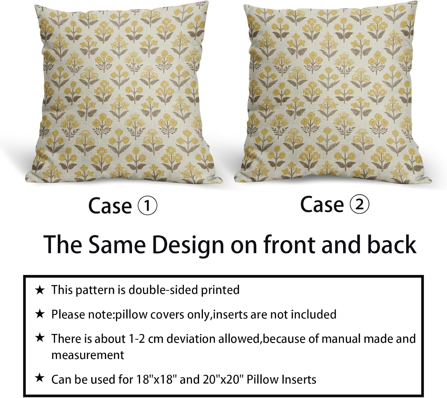 Brown Yellow Floral Block Print Pillow Covers 18x18 Inch Set of 2, Vintage Flower Pattern Decorative Throw Pillowcases Outdoor Farmhouse…