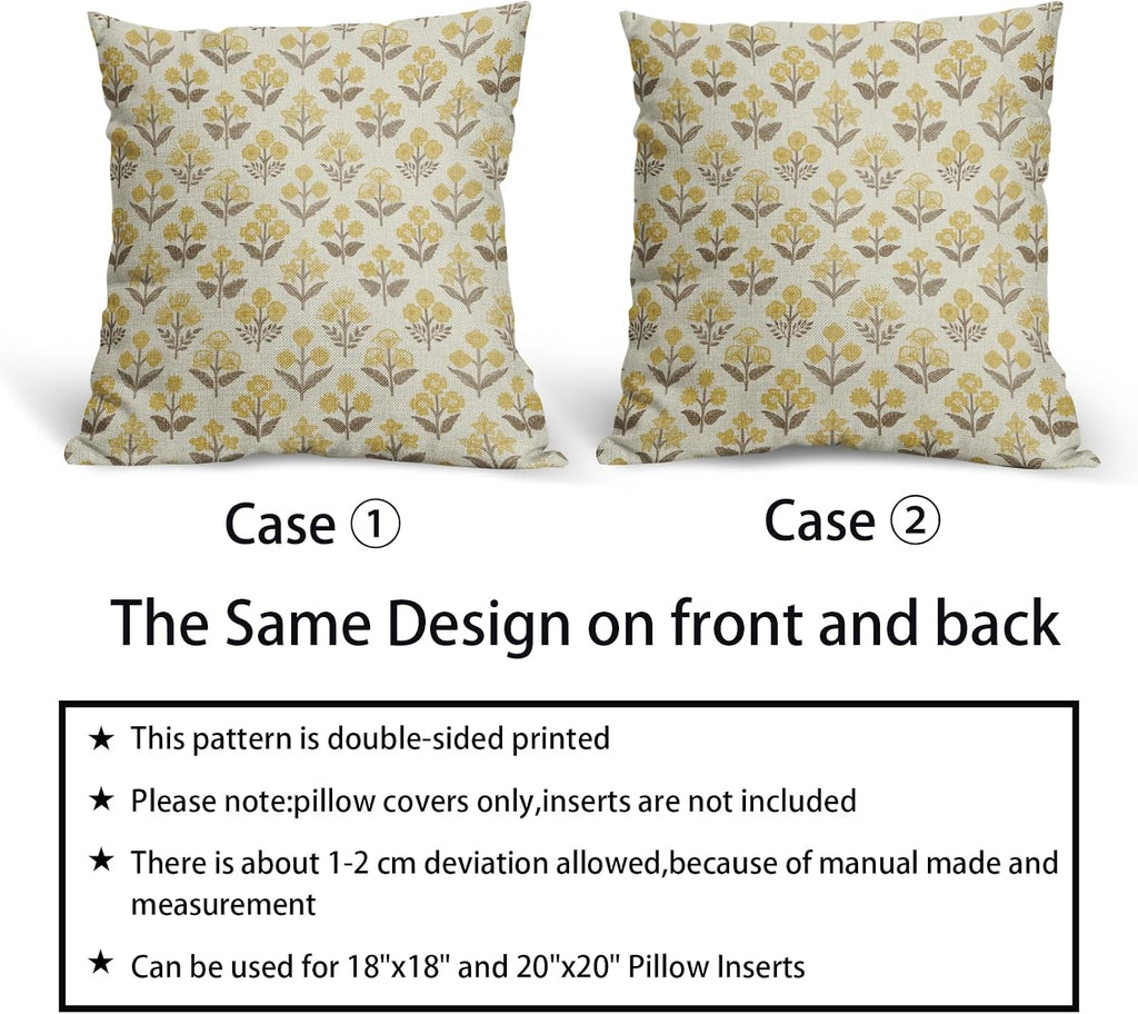 Brown Yellow Floral Pillow Covers 22x22 Inch Set of 2, Vintage Flower Block Print Pattern Decorative Throw Pillowcases Outdoor Farmhouse…
