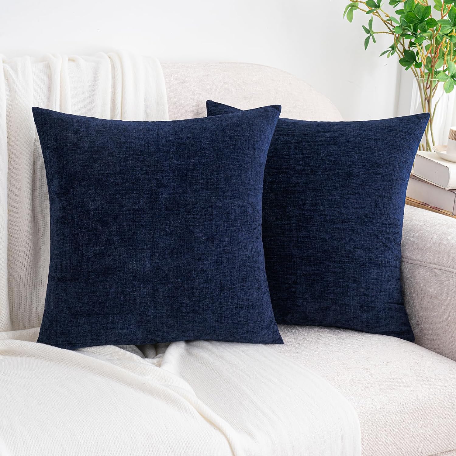 Hwy50 HWY 50 Navy Blue Couch Pillow Covers 22x22 Inch Pack of 2, Soft Chenille Decorative Throw Pillow Cases Farmhouse for Sofa Living Room…