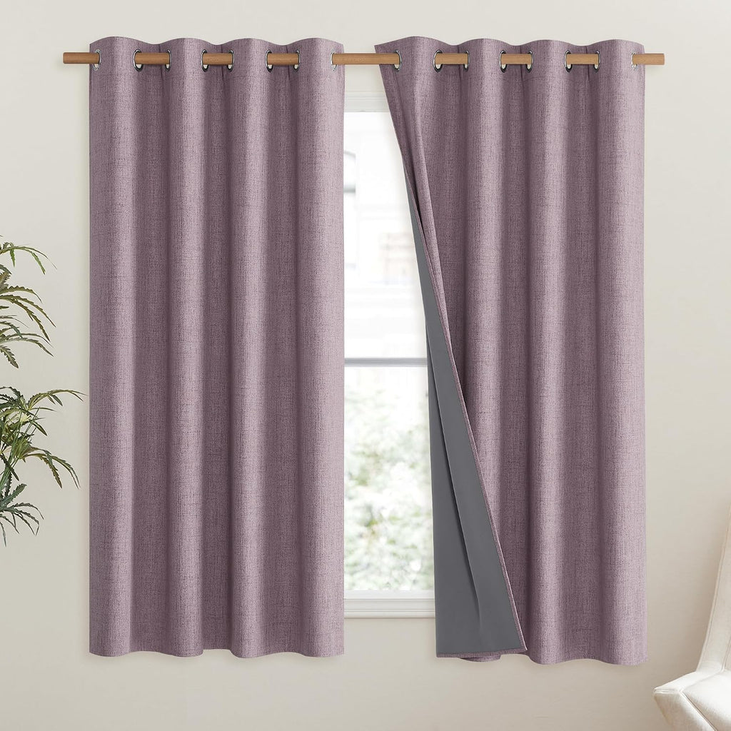 NICETOWN Chaise Mauve Vintage Linen 100% Blackout Curtains for Living Room, Thermal Insulated Curtains 63" Long, Noise Reducing Window…