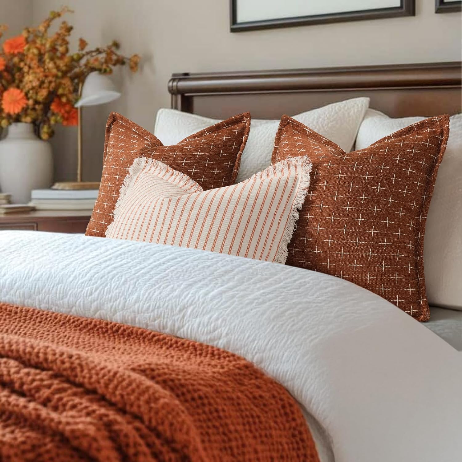 Zwjd Fall Pillow 12x20 Pillow Covers Set of 2 Soft Polyester Textured Rust Pillow Covers with Stylish Flange Edge Cozy Farmhouse Throw Pill…