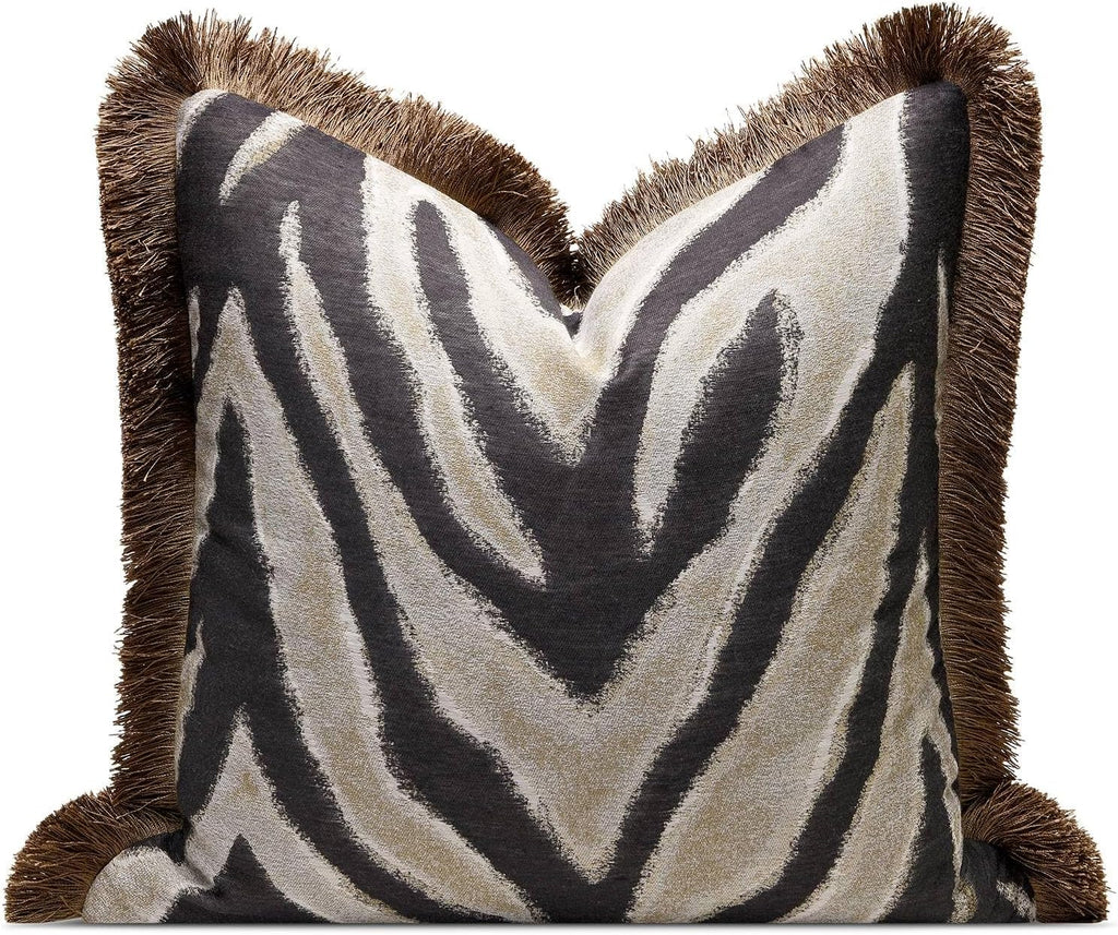 Aibuhome Designer Zebra Throw Pillow Cover with Brown Fringe, Luxury Zebra Pattern Jacquard Design Decorative Pillow Cover for Modern & Cla…