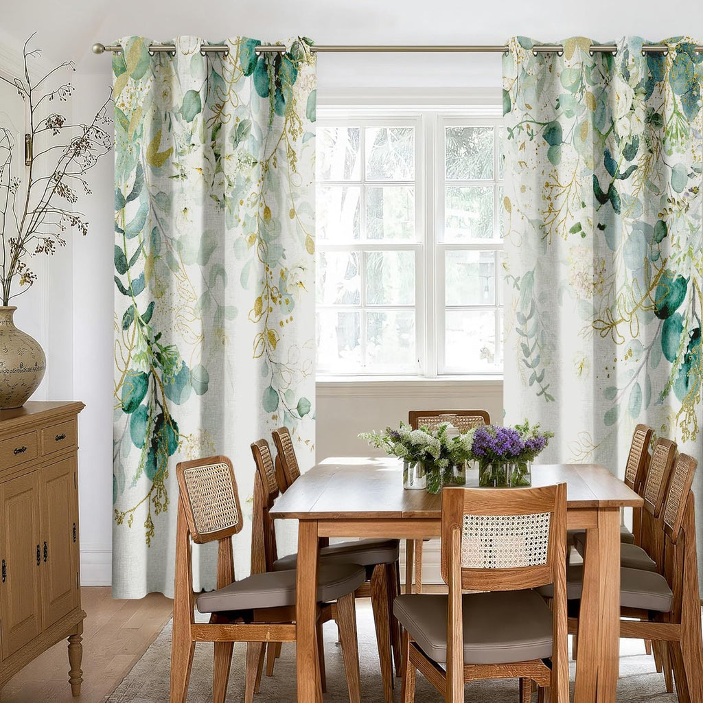 Eucalyptus Green Curtains 84 inch Long 2 Panels 100% Blackout Curtains Spring Botanical Floral Pattern Grommet Thermal Insulated Linen…