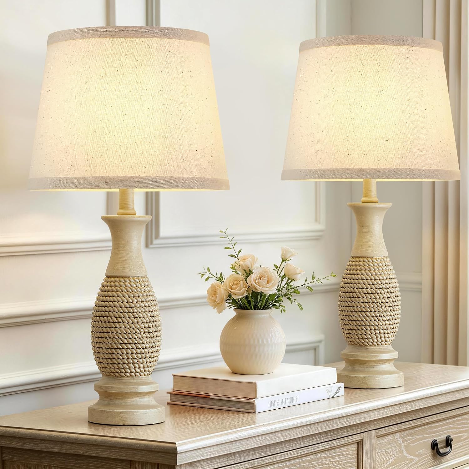 EJIAXIN Table Lamps Set of 2-21.6" Resin Farmhouse Bedside Lamps for Bedroom Living Room, Rustic Nightstand Bedroom Lamp with Rotary…