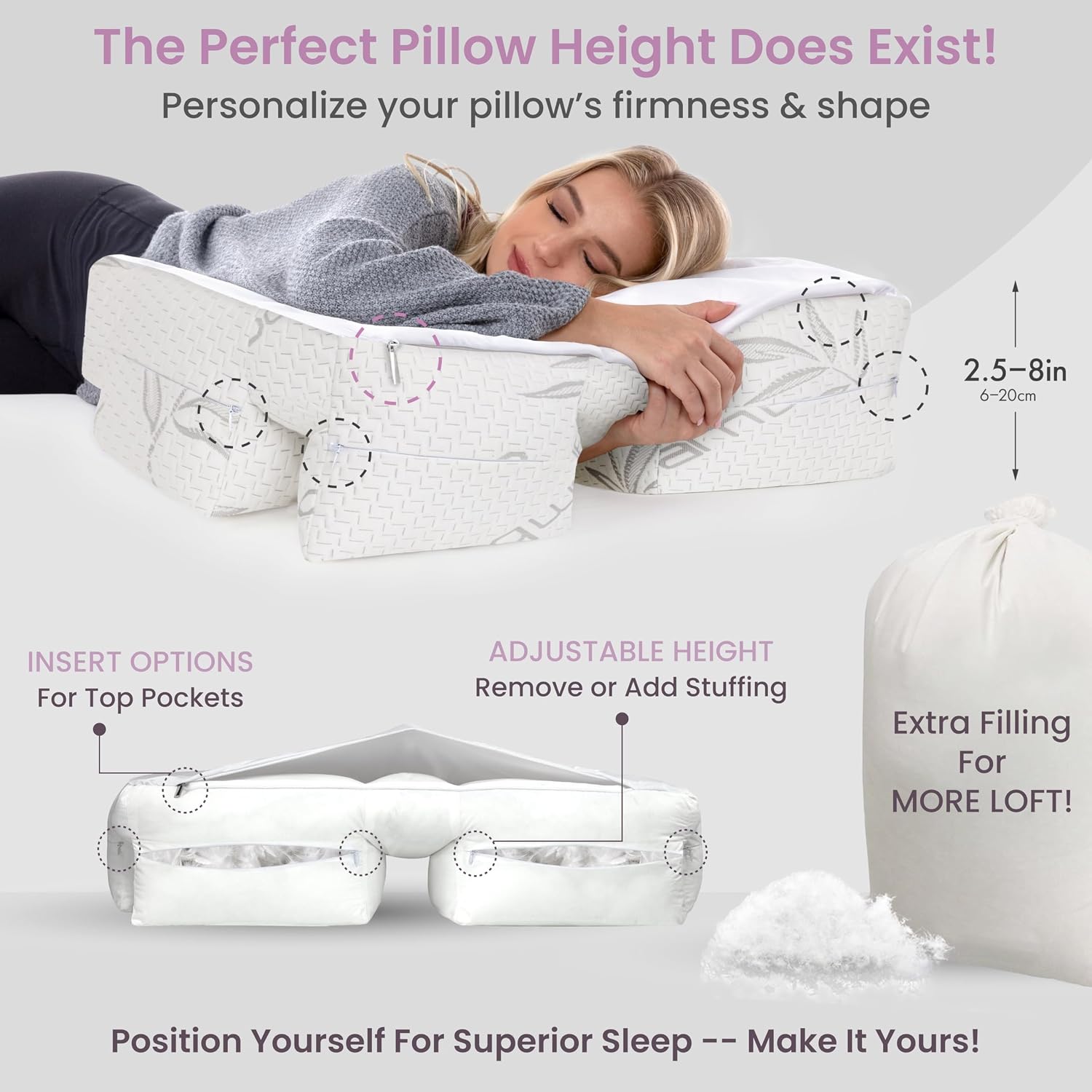Wife Pillow - 50/50 Feather-Fiberfill, 1 LBS Extra Bag of Stuffing, Hotel Style Blend: White Goose Down Feather w/Siliconized Fiberfill…
