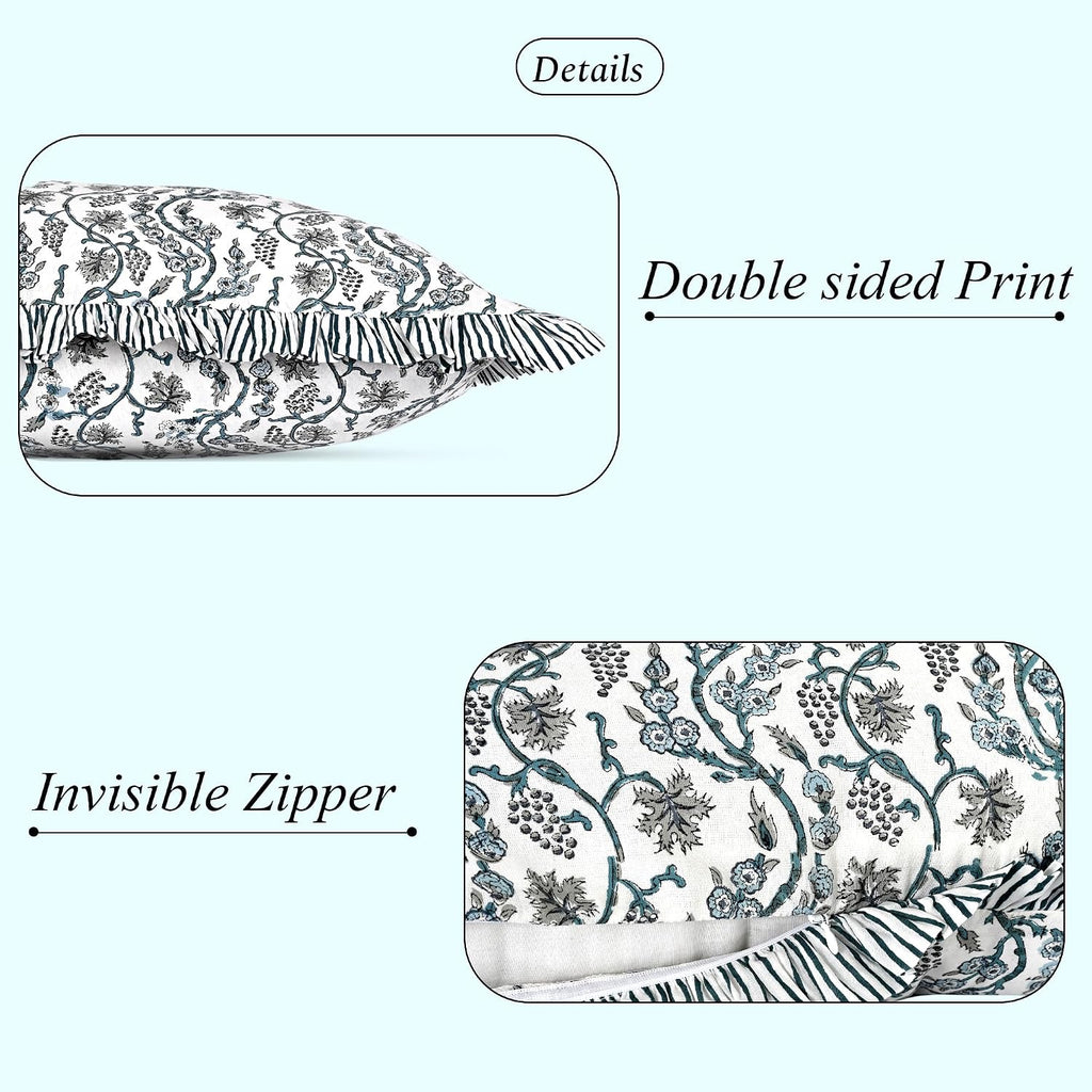 Ridhi Block Print Baby Blue Eyes 36"x14" Set 1-100% Cotton Ruffle Lumbar Sham Cover Boho Floral Pillowcase, Farmhouse Cottagecore…